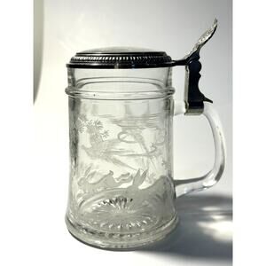 Vintage W Germany Etched Glass Beer Stein w/ Pewter Lid Hunting Scene